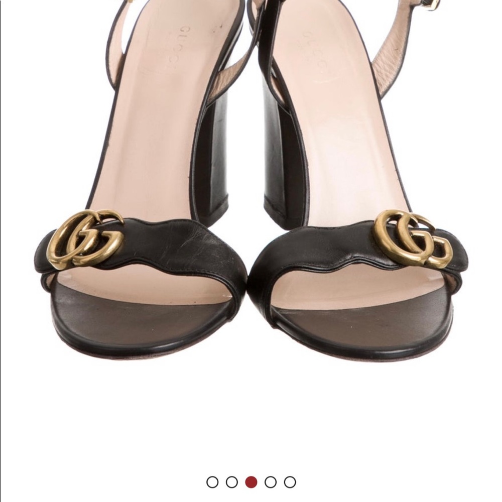 Gucci Black Leather Block Heel Sandal with Gold Double G Accent - Picture 2 of 10